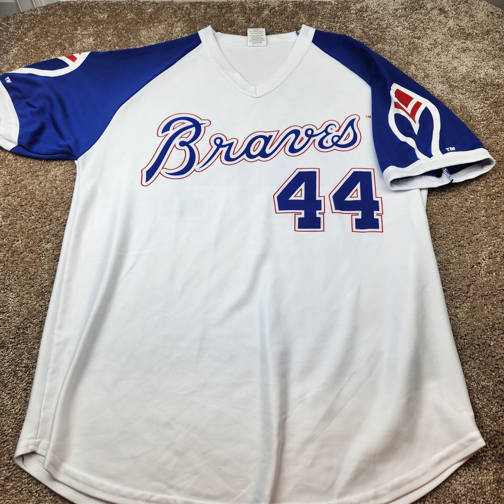 Park Antony Atlanta Braves Hank Aaron 44 Baseball Jersey Mens Large White Blue